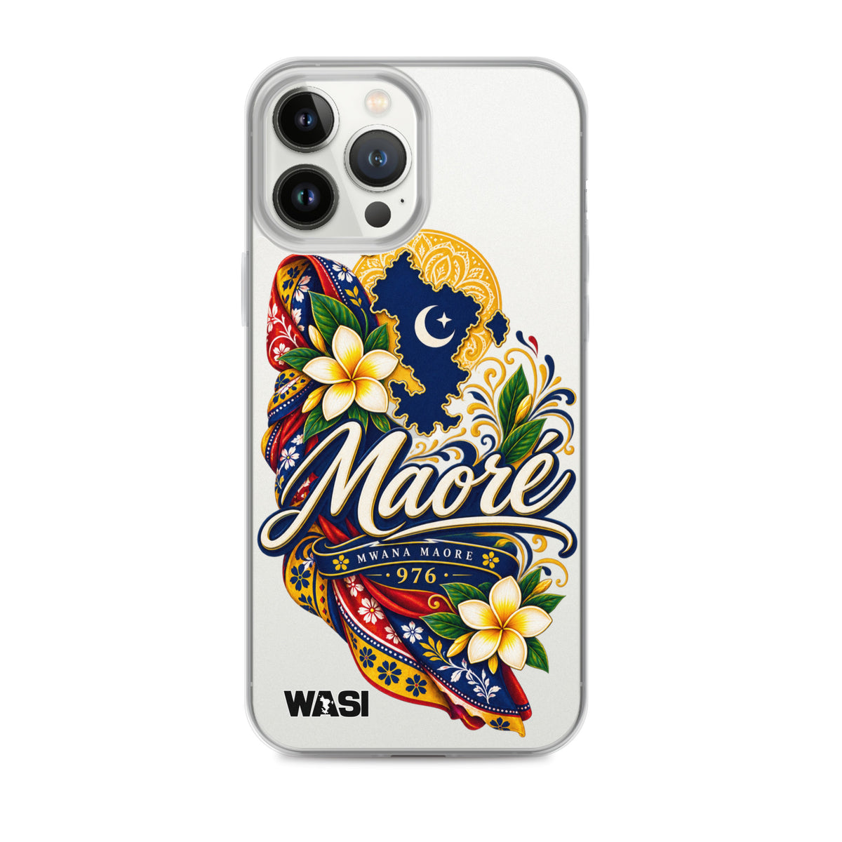 Coque iPhone Mwana Maore motif traditionnel Salouva et Kishambani bleu et or