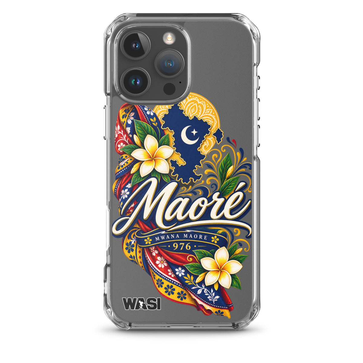 Coque iPhone Mwana Maore motif traditionnel Salouva et Kishambani bleu et or