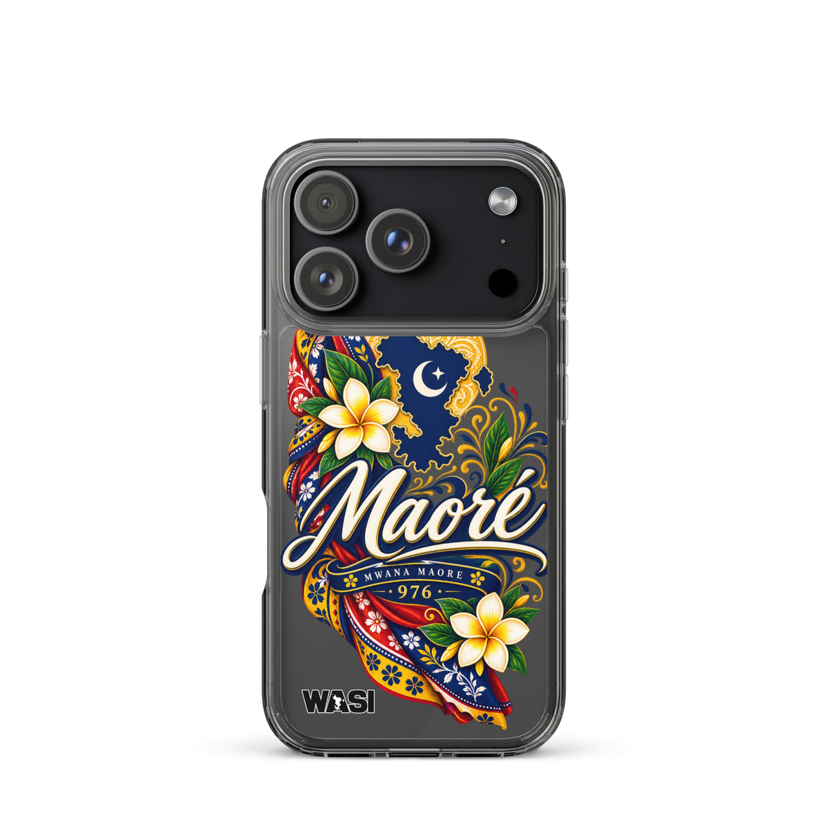 Coque iPhone Mwana Maore motif traditionnel Salouva et Kishambani bleu et or