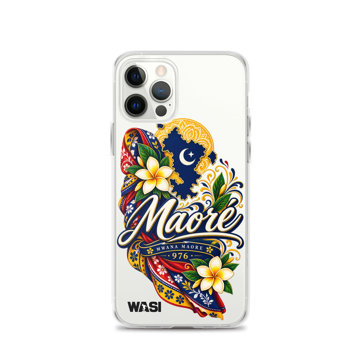 Coque iPhone Mwana Maore motif traditionnel Salouva et Kishambani bleu et or