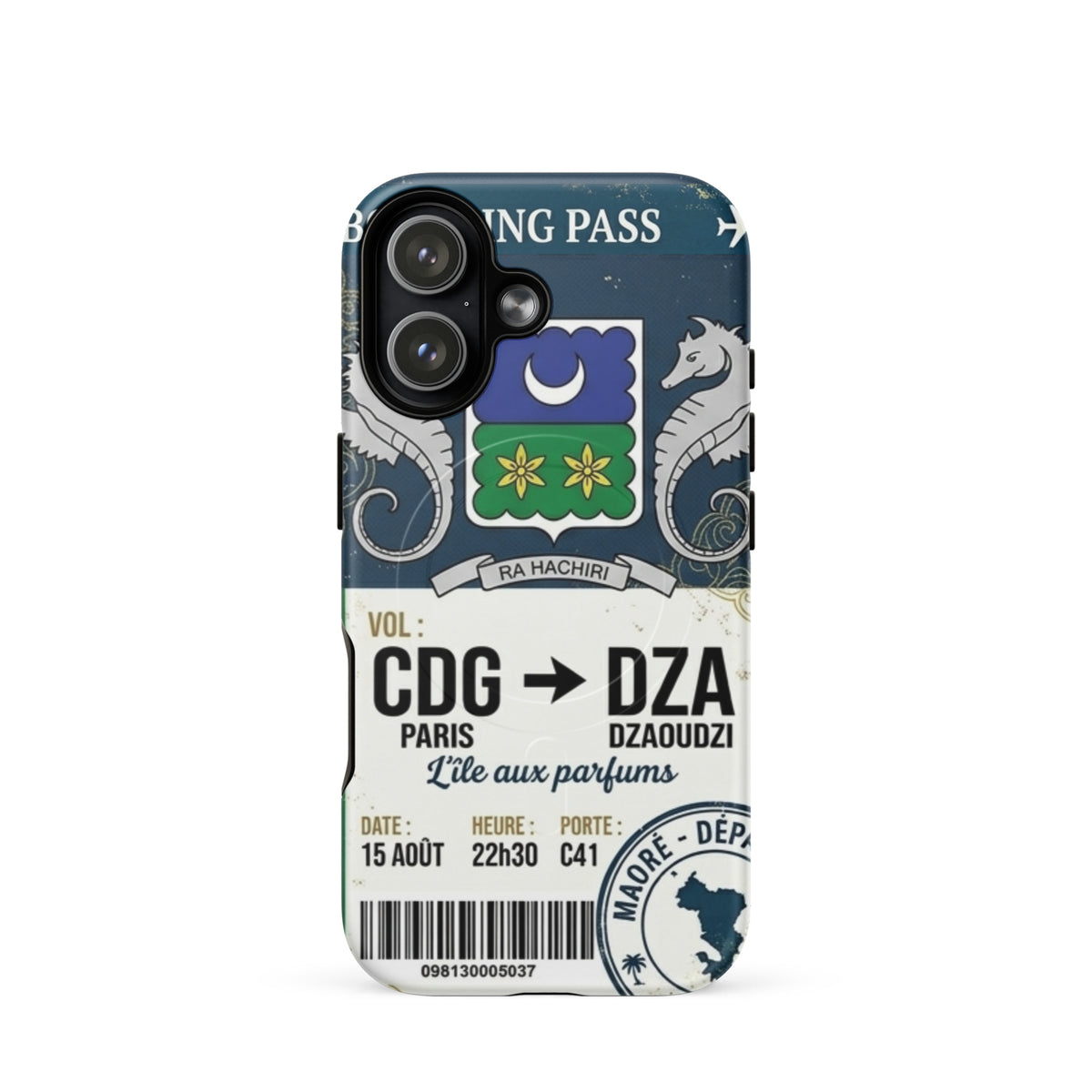 Coque iPhone MagSafe double couche motif ticket de vol Paris CDG vers Dzaoudzi DZA Mayotte