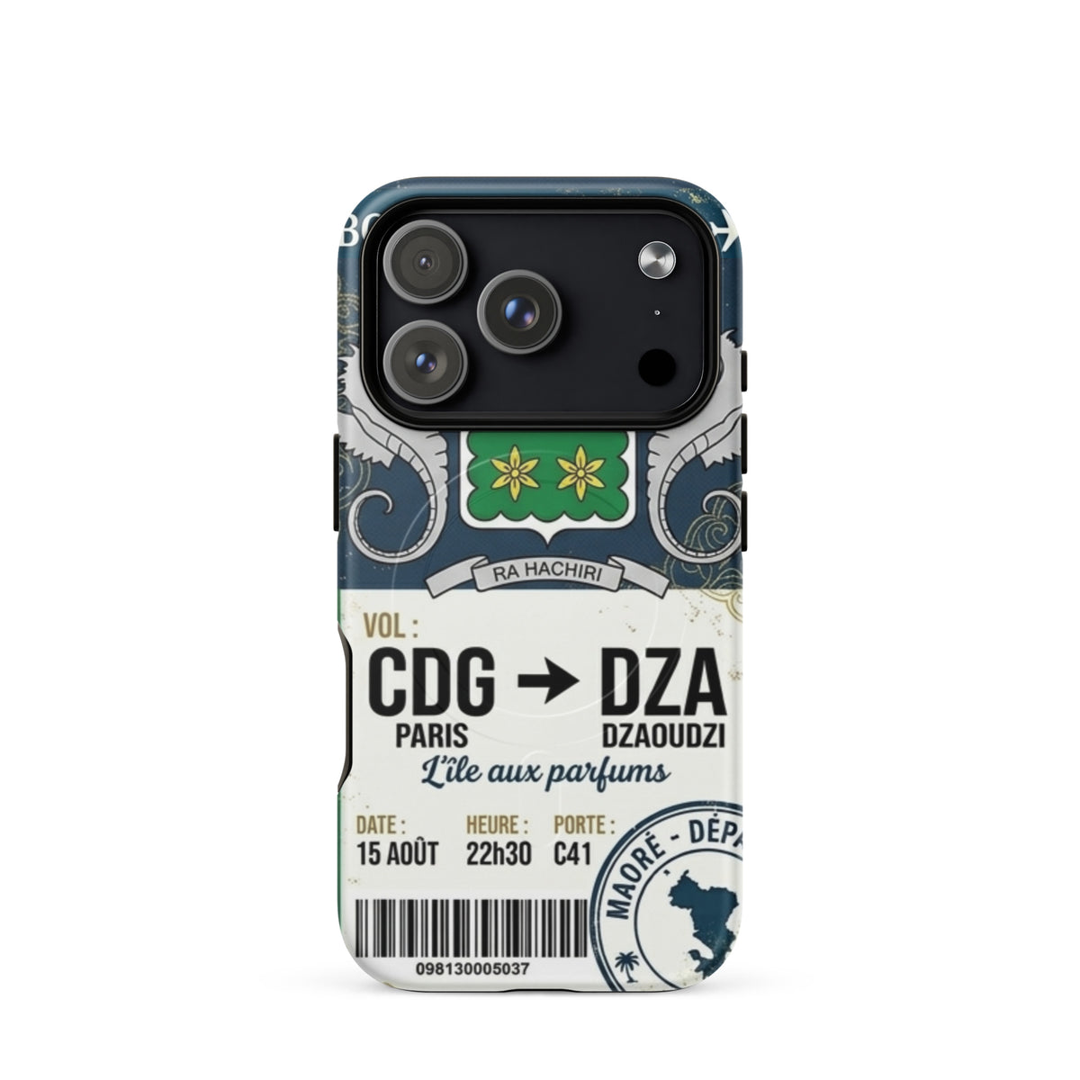 Coque iPhone MagSafe double couche motif ticket de vol Paris CDG vers Dzaoudzi DZA Mayotte