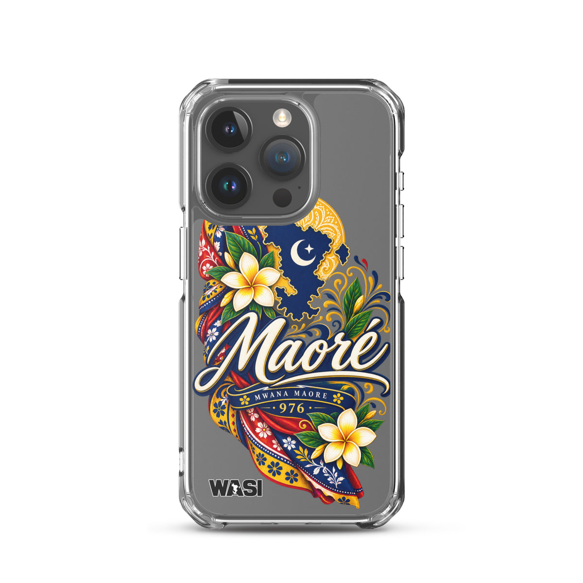 Coque iPhone Mwana Maore motif traditionnel Salouva et Kishambani bleu et or