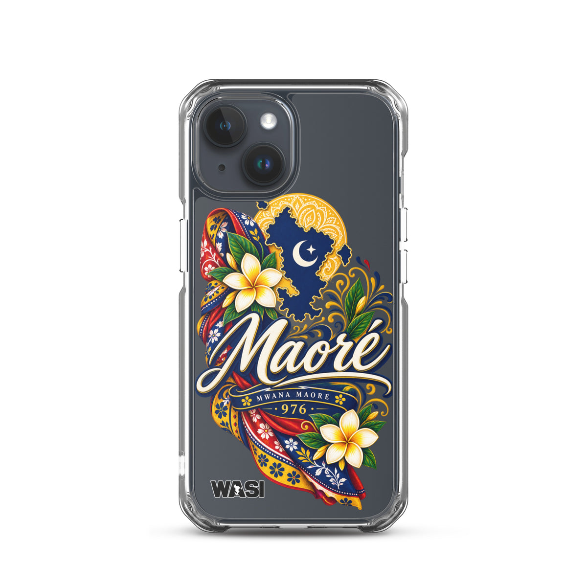 Coque iPhone Mwana Maore motif traditionnel Salouva et Kishambani bleu et or