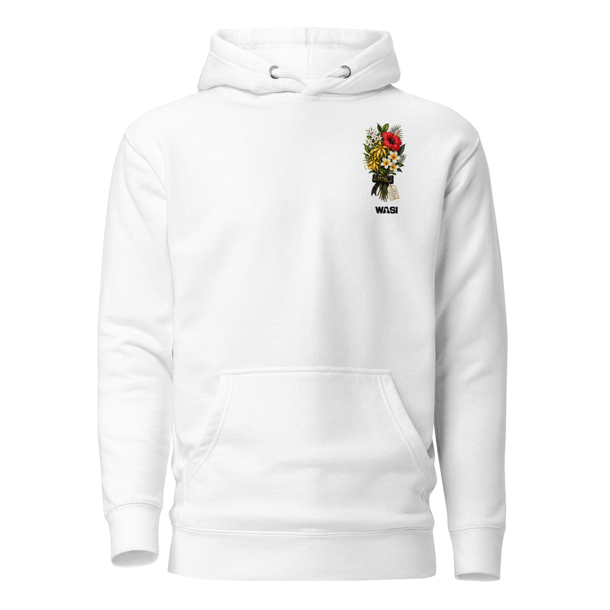 Sweat à capuche blanc WASI avec broderie poitrine représentant un bouquet de fleurs inspiré de Mayotte, collection 976 Heritage – Mila Yatu.