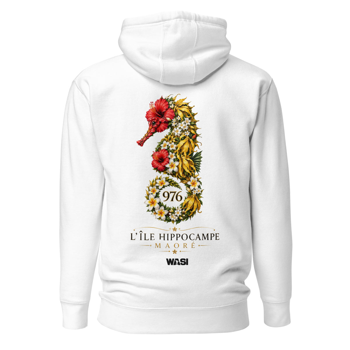 Vue arrière d'un sweat à capuche blanc WASI avec un hippocampe composé de fleurs emblématiques de Mayotte, design 976 de la collection Mila Yatu inspirée du lagon mahorais.