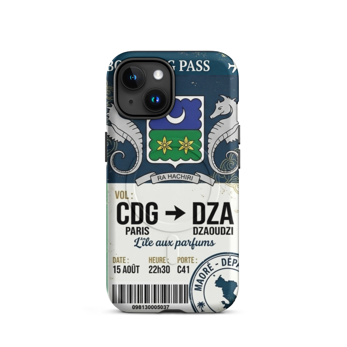 Coque iPhone MagSafe double couche motif ticket de vol Paris CDG vers Dzaoudzi DZA Mayotte