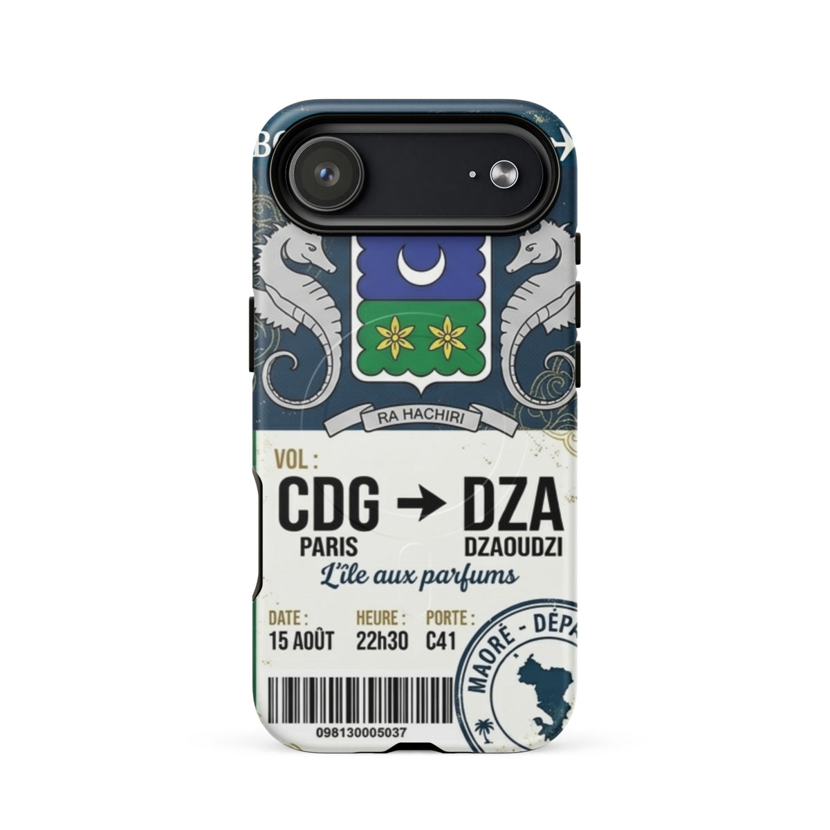 Coque iPhone MagSafe double couche motif ticket de vol Paris CDG vers Dzaoudzi DZA Mayotte