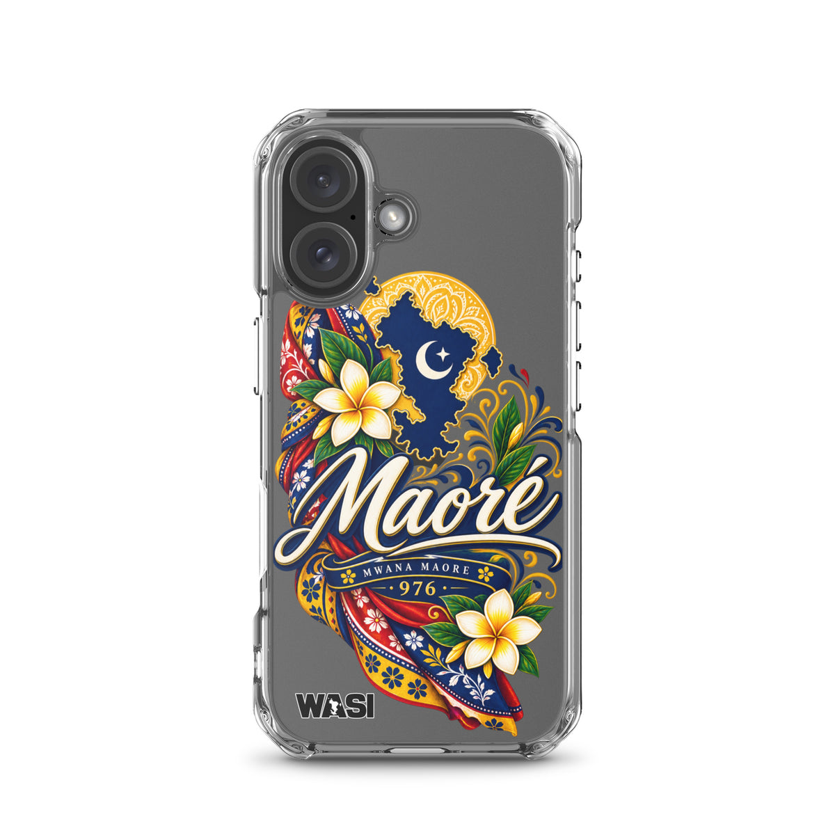 Coque iPhone Mwana Maore motif traditionnel Salouva et Kishambani bleu et or