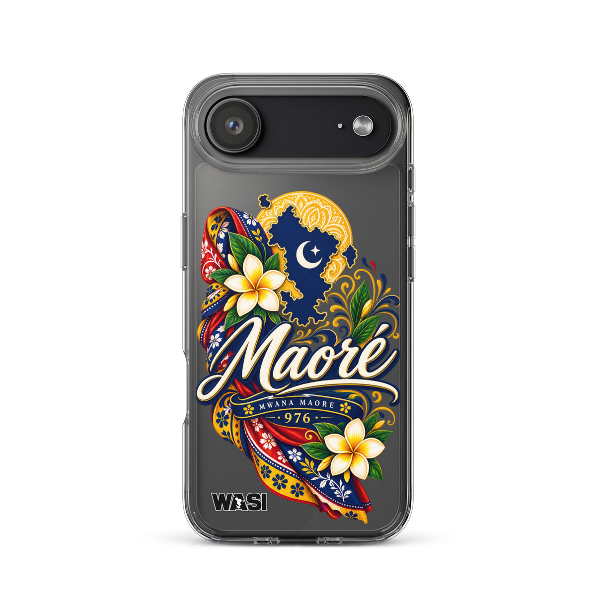 Coque iPhone Mwana Maore motif traditionnel Salouva et Kishambani bleu et or