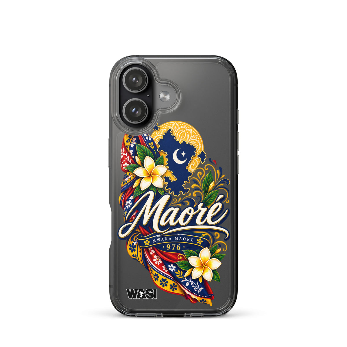 Coque iPhone Mwana Maore motif traditionnel Salouva et Kishambani bleu et or