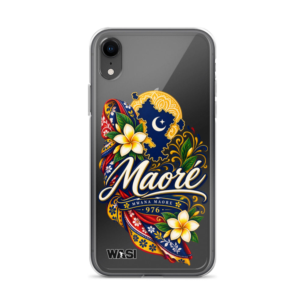 Coque iPhone Mwana Maore motif traditionnel Salouva et Kishambani bleu et or