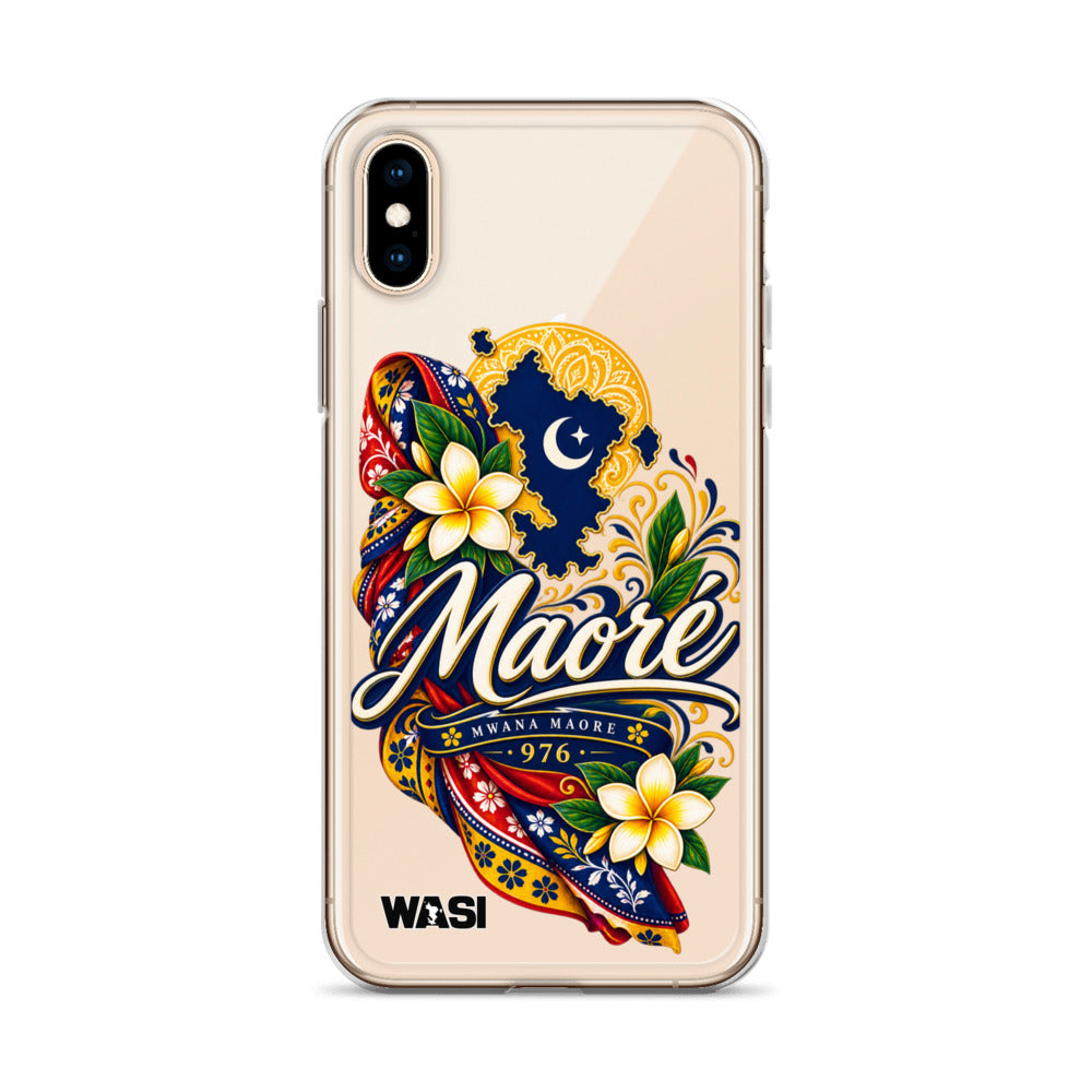 Coque iPhone Mwana Maore motif traditionnel Salouva et Kishambani bleu et or