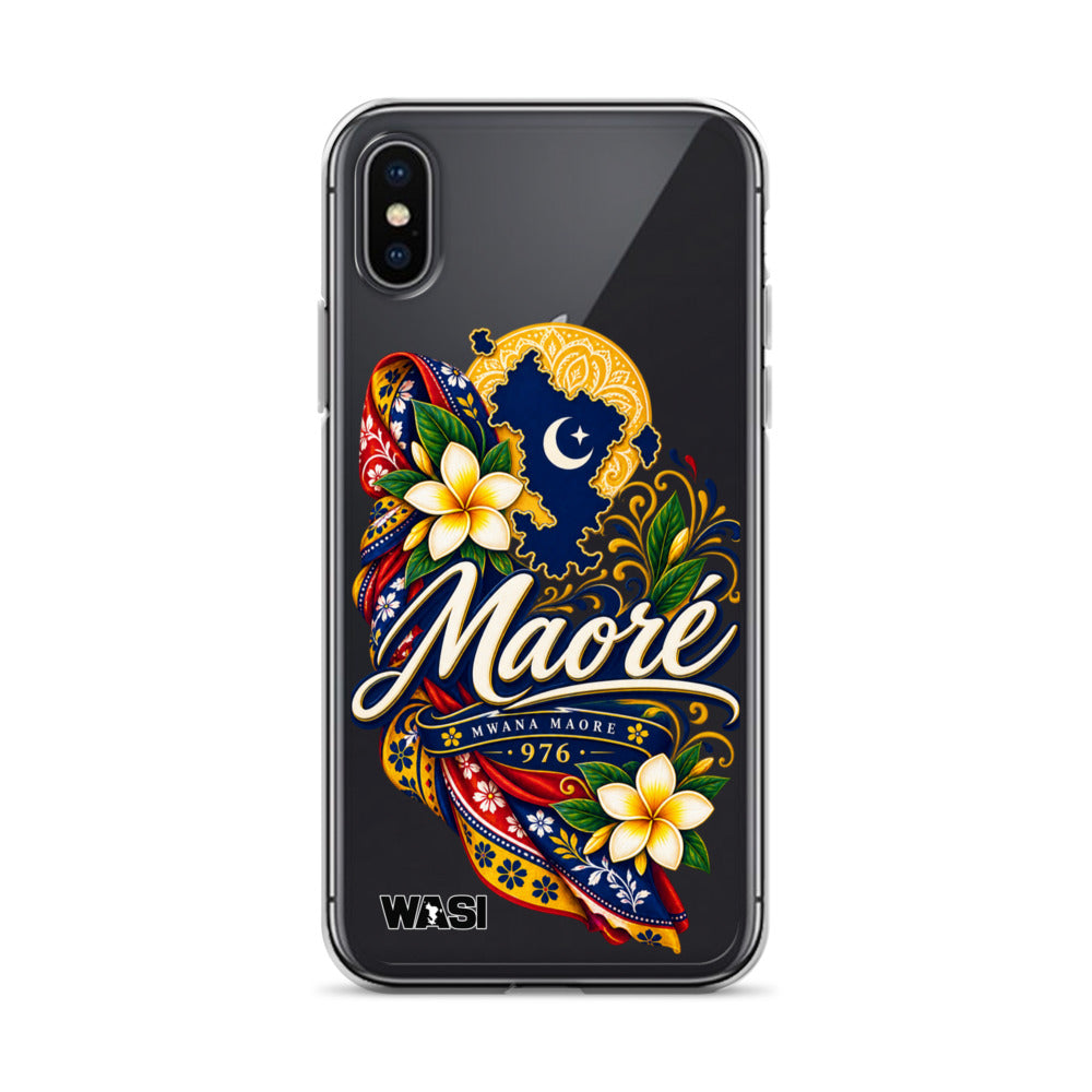 Coque iPhone Mwana Maore motif traditionnel Salouva et Kishambani bleu et or