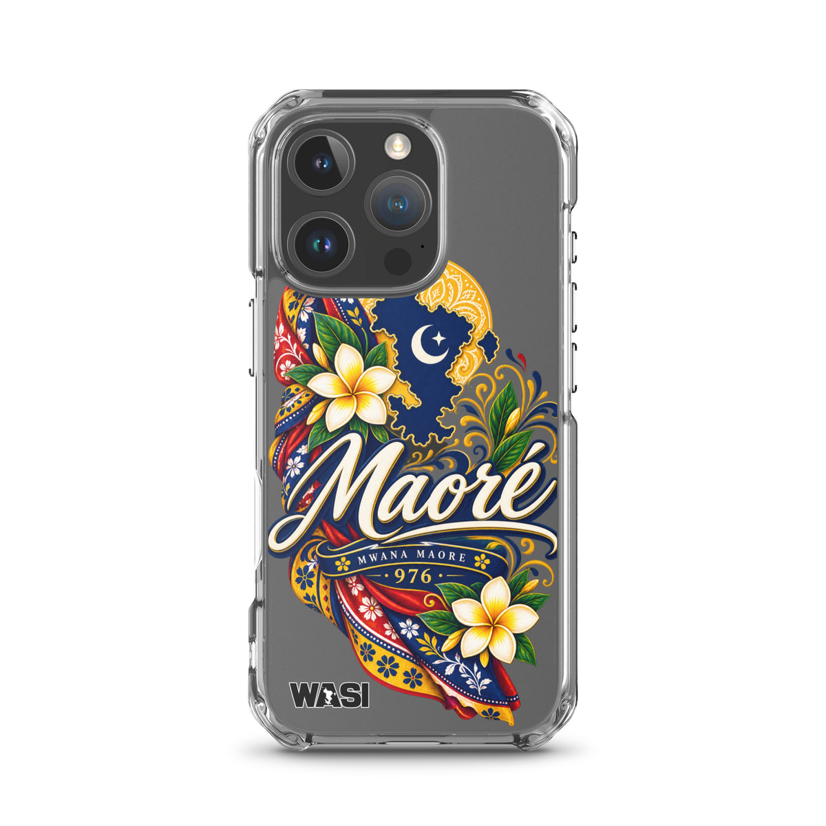 Coque iPhone Mwana Maore motif traditionnel Salouva et Kishambani bleu et or