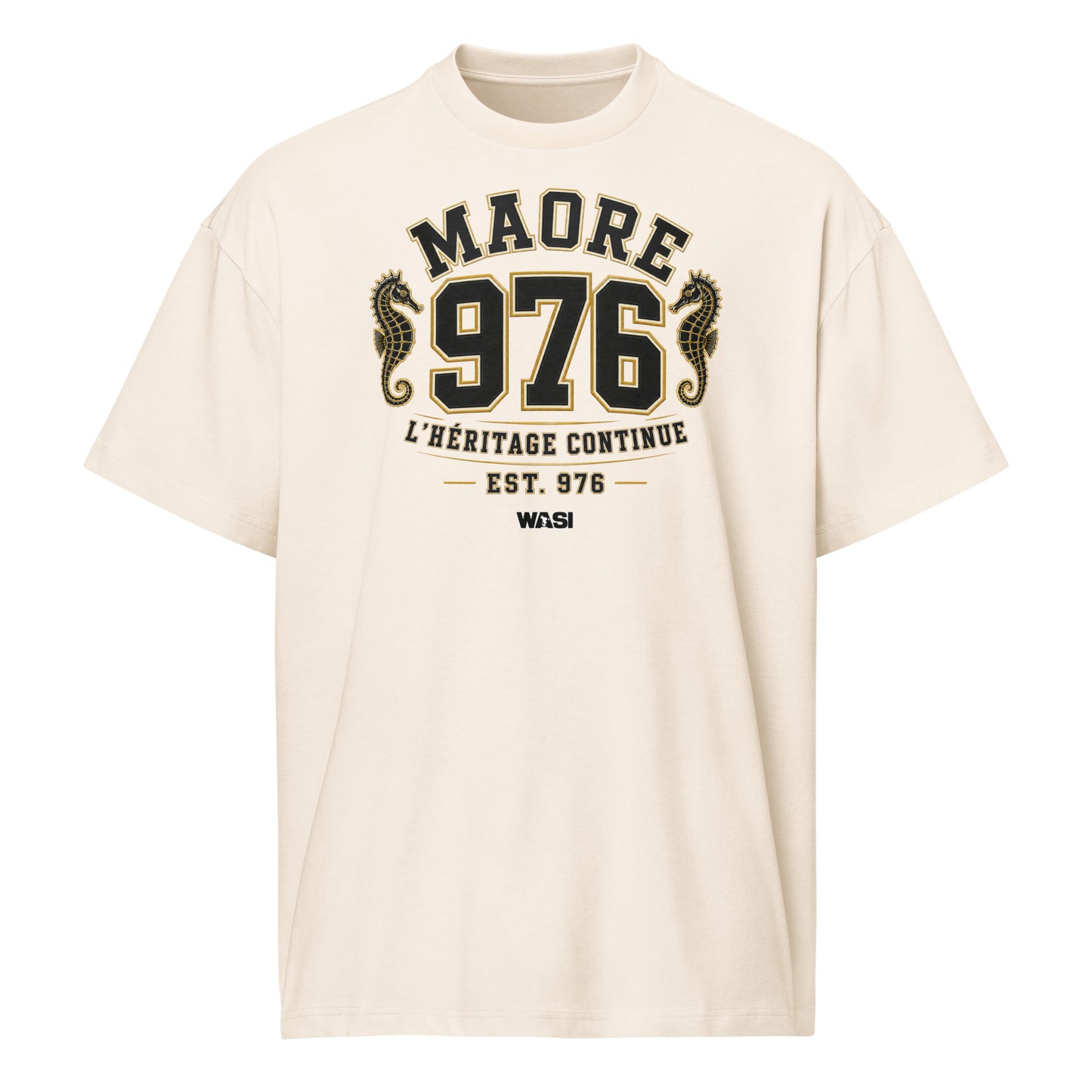 T-shirt ivoire unisexe WASI 976 Heritage Maoré avec inscription « L'Héritage Continue », chiffres 976 et hippocampes inspirés du patrimoine de Mayotte.