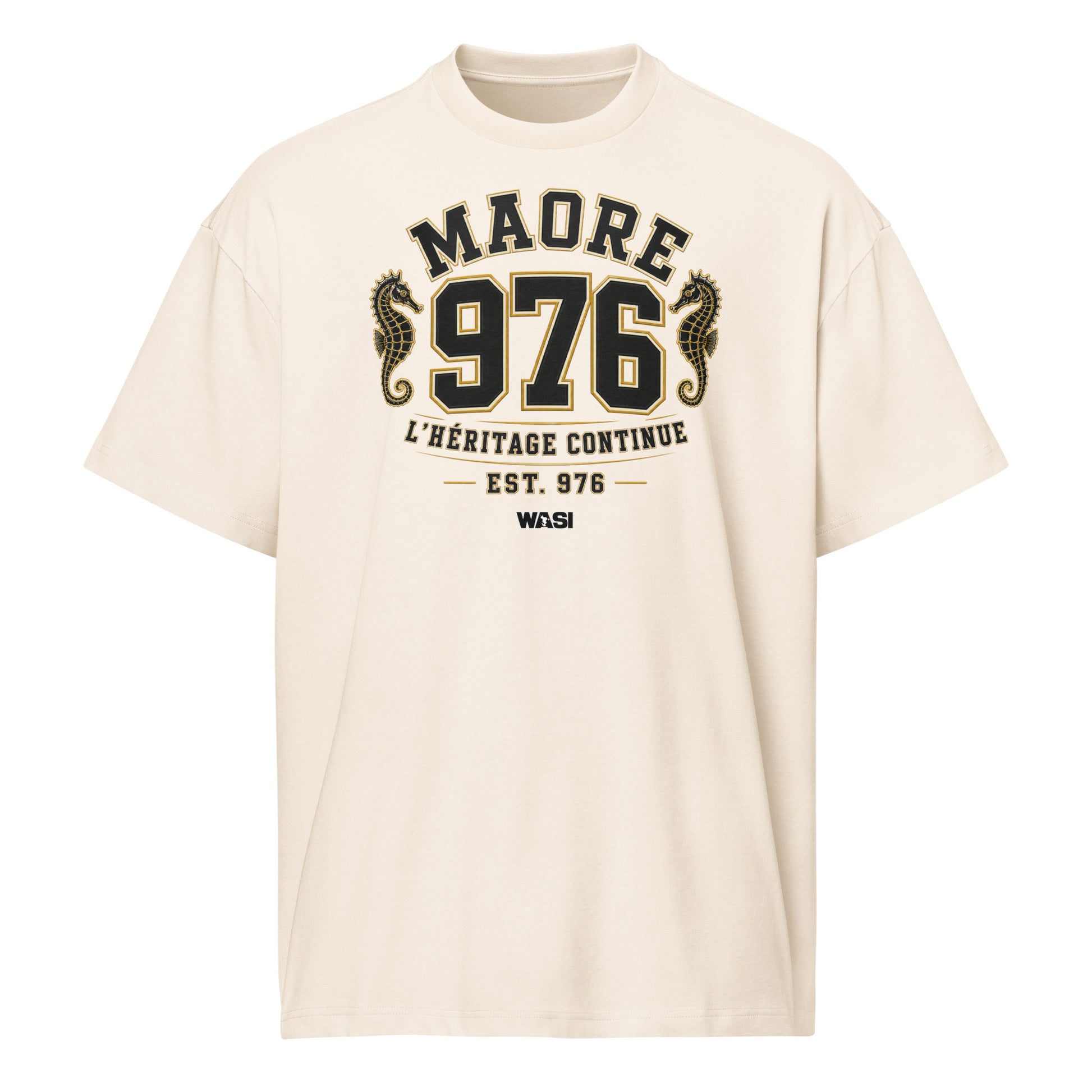 T-shirt ivoire unisexe WASI 976 Heritage Maoré avec inscription « L'Héritage Continue », chiffres 976 et hippocampes inspirés du patrimoine de Mayotte.