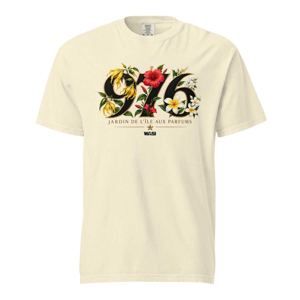 T-shirt ivoire unisexe WASI 976 Jardin de l'Île aux Parfums avec fleurs d'ylang-ylang, hibiscus, frangipanier et jasmin inspirées de la flore emblématique de Mayotte.