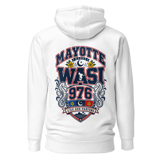 Hoodie blanc imprimé dos blason carte Mayotte 976 hippocampes et ylang ylang WASI