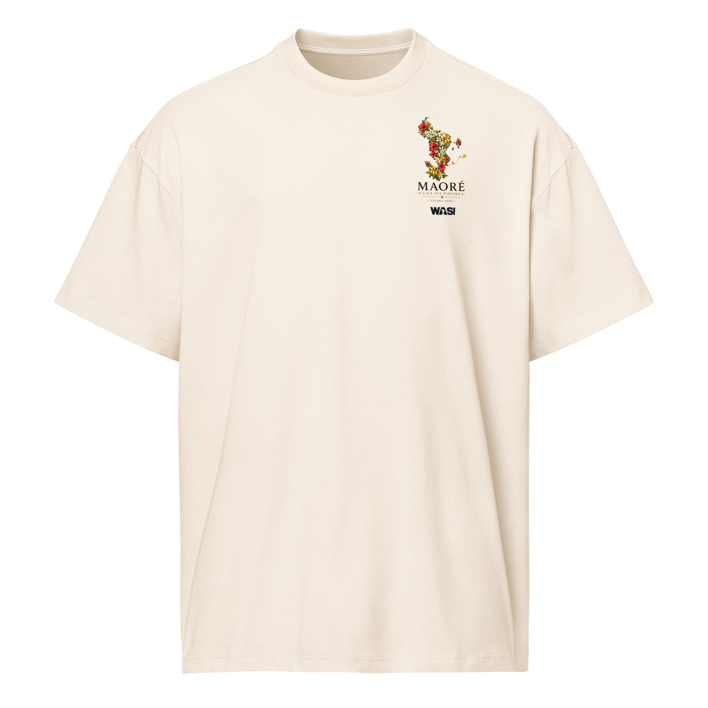 T-shirt oversize unisexe WASI couleur ivoire avec motif floral de la carte de Mayotte, collection Mila Yatu, vue de face sur fond blanc.