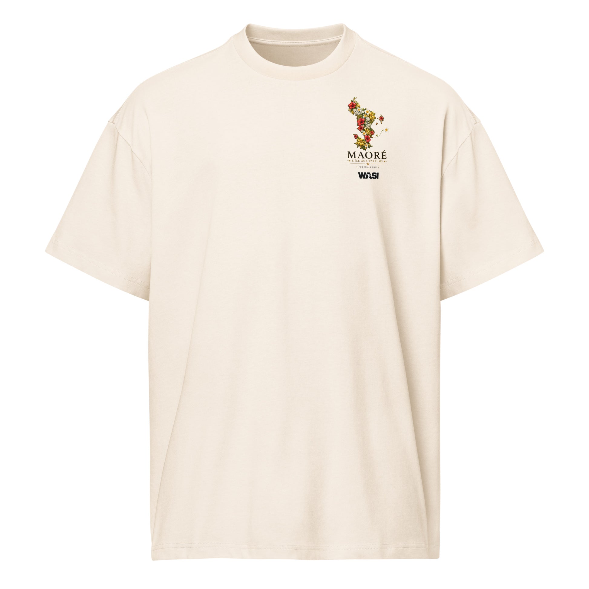 T-shirt oversize unisexe WASI couleur ivoire avec motif floral de la carte de Mayotte, collection Mila Yatu, vue de face sur fond blanc.