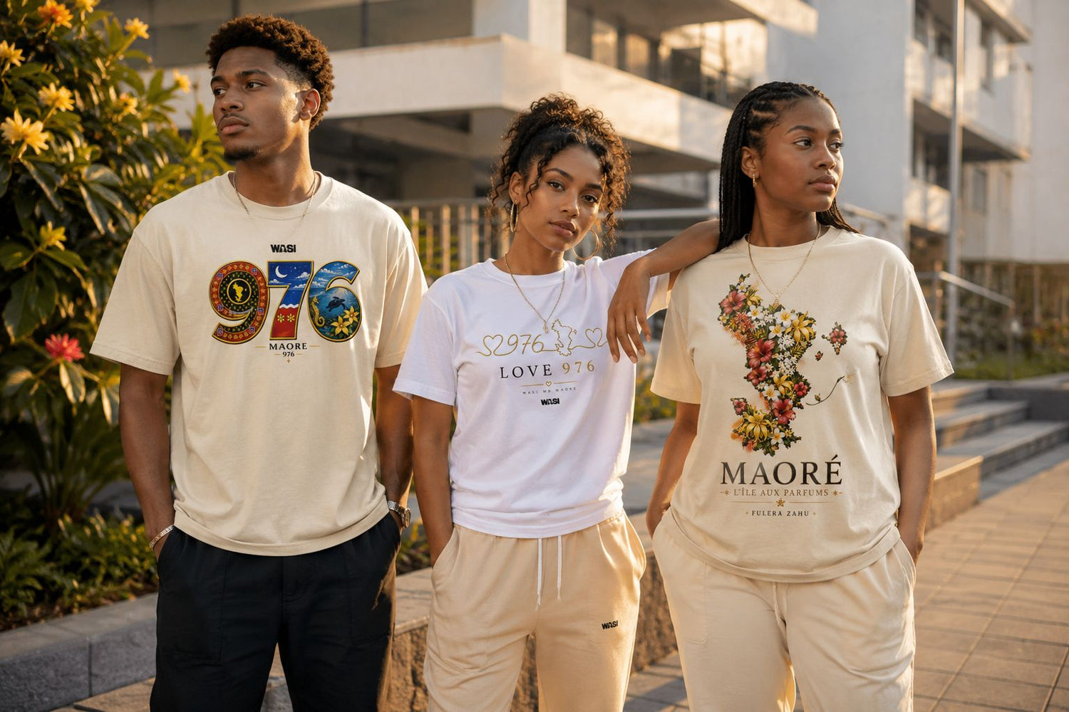 Trois modèles portent les t-shirts les plus populaires de la collection WASI Streetwear 976, inspirée de Mayotte et de l'île aux parfums, dans un décor urbain ensoleillé.