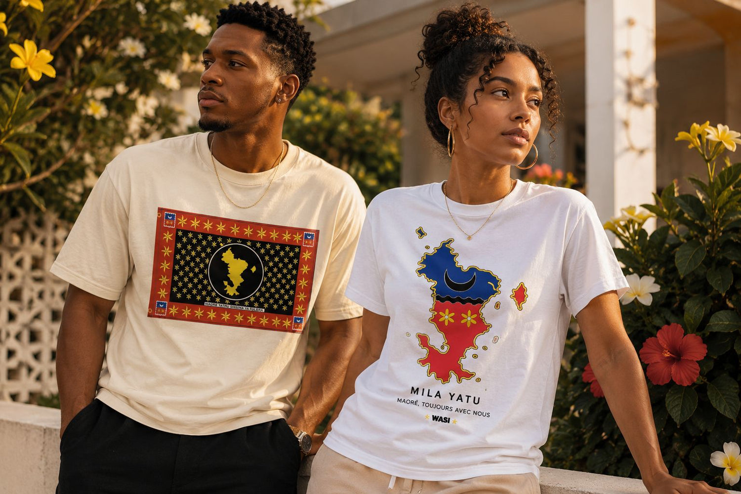 Couple portant des t-shirts WASI de la collection Mila Yatu dans un jardin tropical, inspirés de Mayotte et de l'identité de l'île aux parfums.