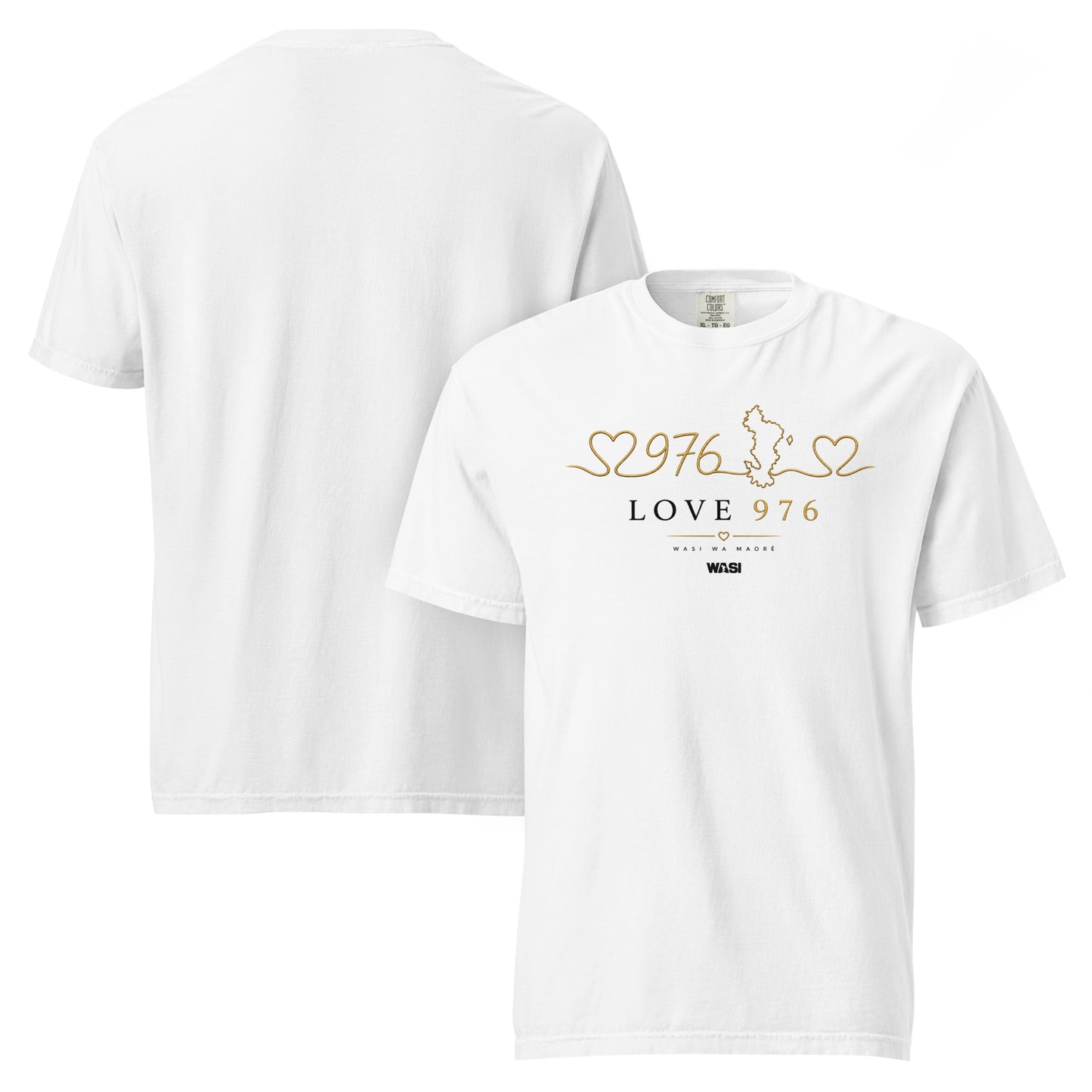 Vue avant et arrière du t-shirt unisexe WASI blanc « Love 976 » avec illustration de la carte de Mayotte et motif cœur, inspiré de la collection Mila Yatu.